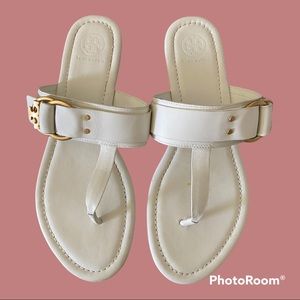 Tory Burch Ivory White Marsden Flat T-Strap Sandals 9
